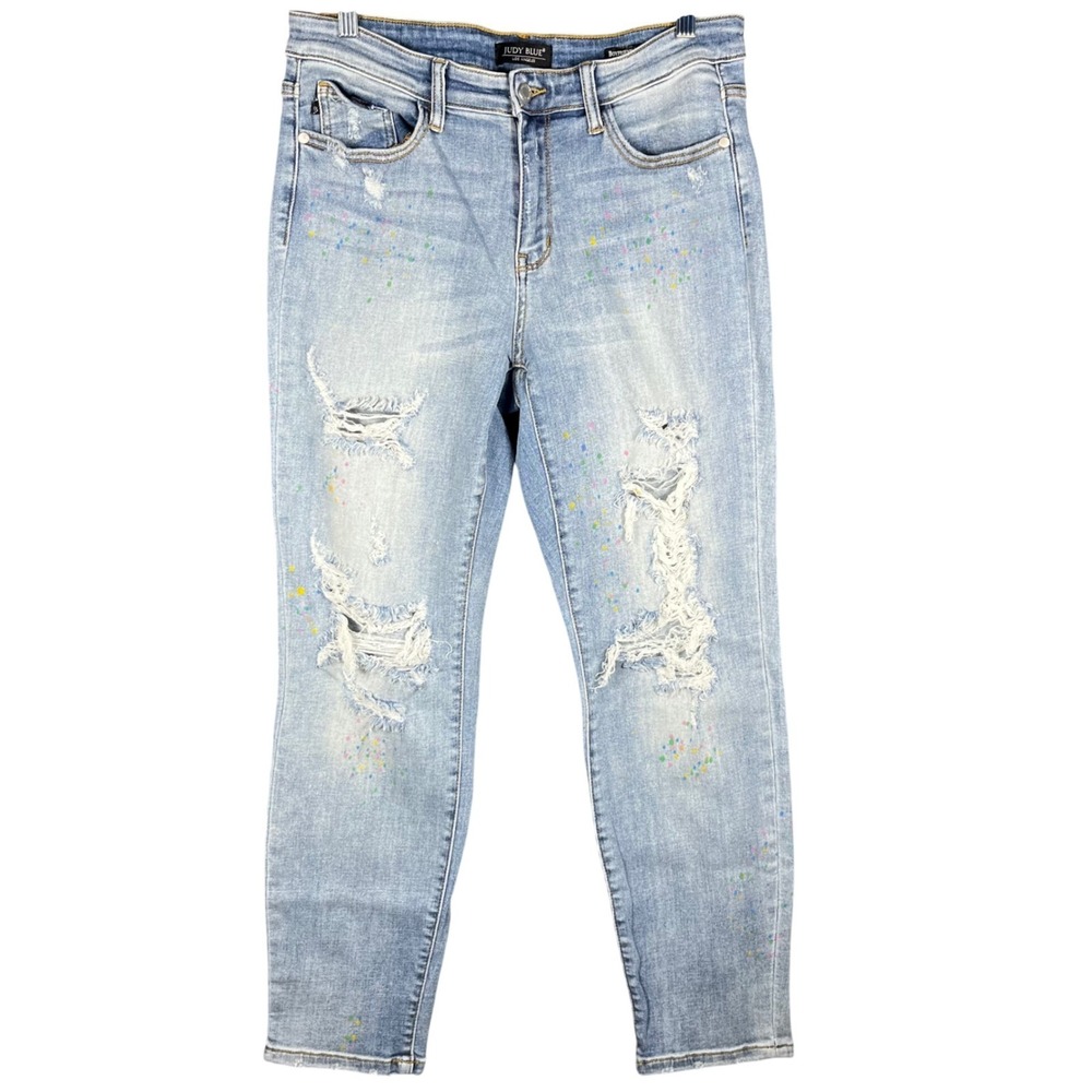 Judy Blue Boyfriend Jeans Women 29 Light Blue Distressed‎ Paint Splatter 82255